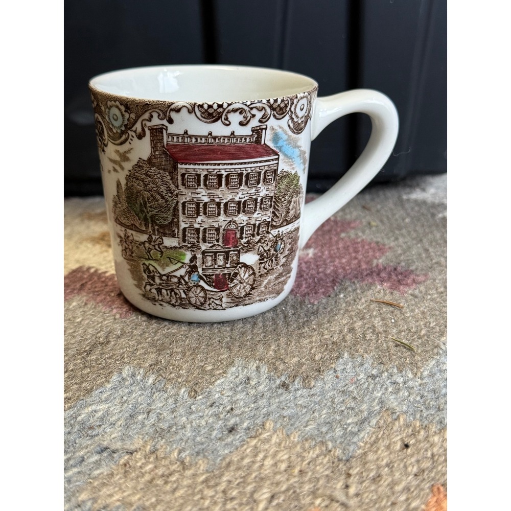 Vintage Colonial Manor House Transferware Ceramic Coffee‎ Mug Horse Carriage